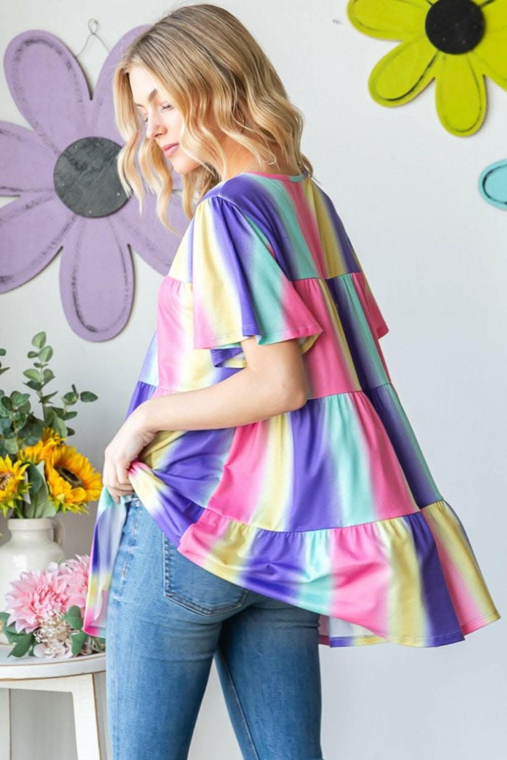 Heimish Full Size Short Sleeve Striped Tiered Top - Love Salve